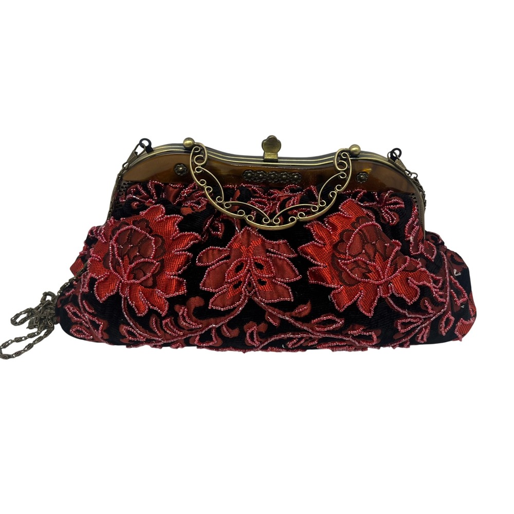Red Black Floral Beaded Embroidered Handbag Metal Chain Kiss Lock Art Deco Purse